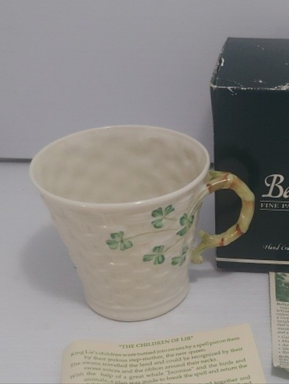 Shamrock Porcelain Coffee Mug by Belleek Ireland Hand Painted Woven Pattern NOS